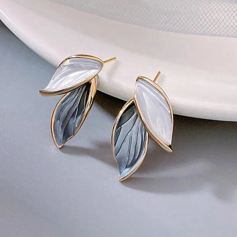 2024  Blue And White Metal Leaf Earrings Women's