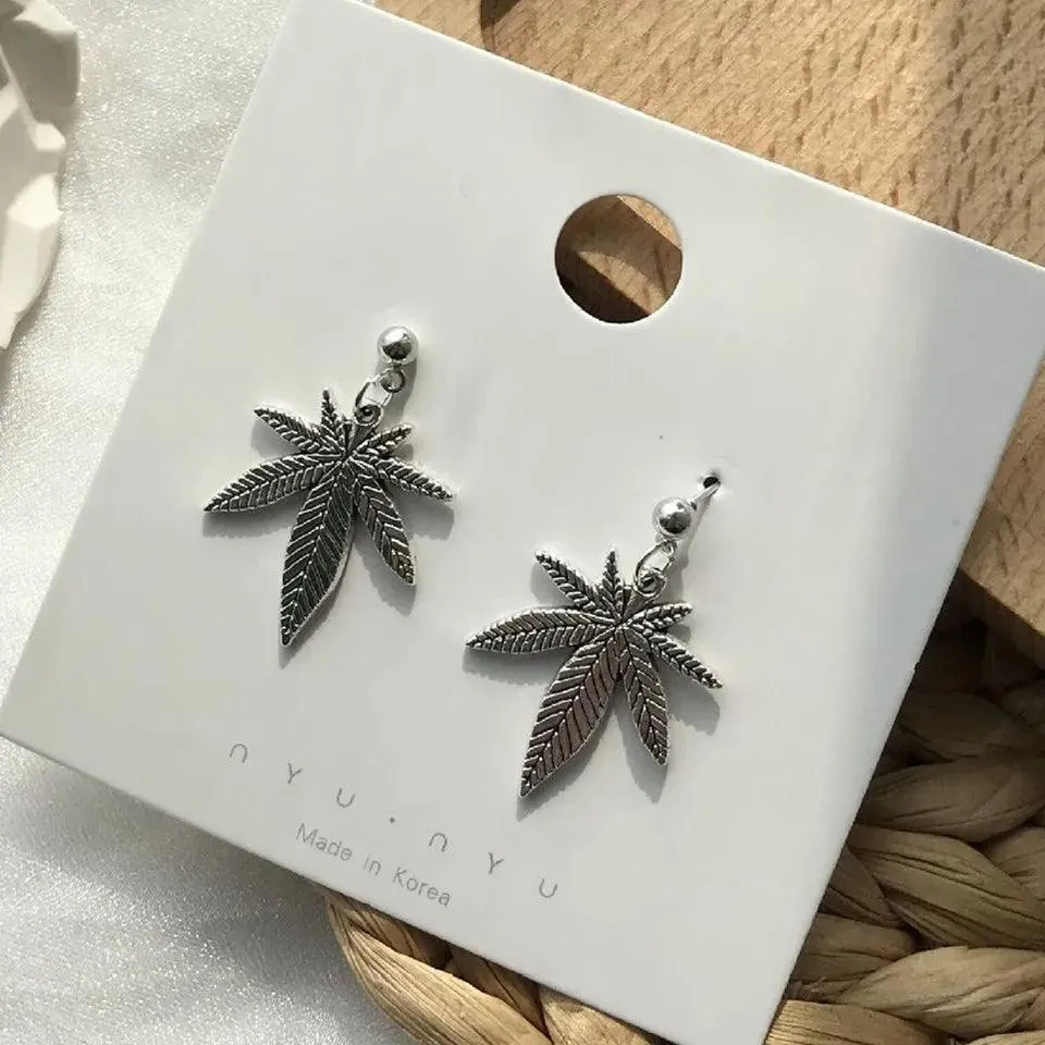 2024  Blue And White Metal Leaf Earrings Women's