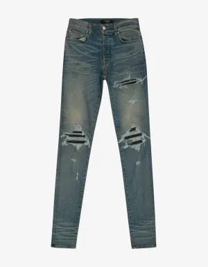 Amiri MX1 Classic Indigo Leather Insert Distressed Skinny Jeans