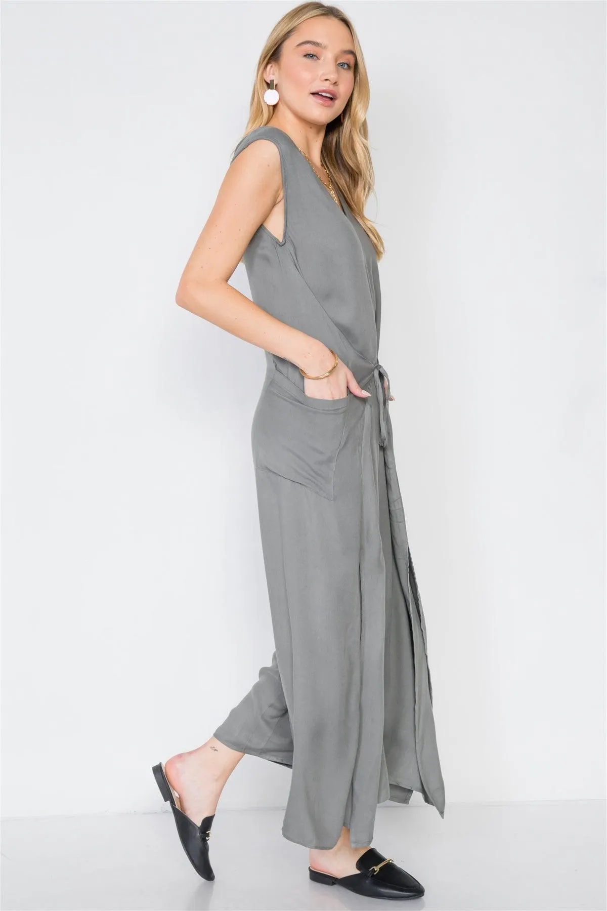 Ash Olive Side Slits Loose Fit Front-Tie Jumpsuit