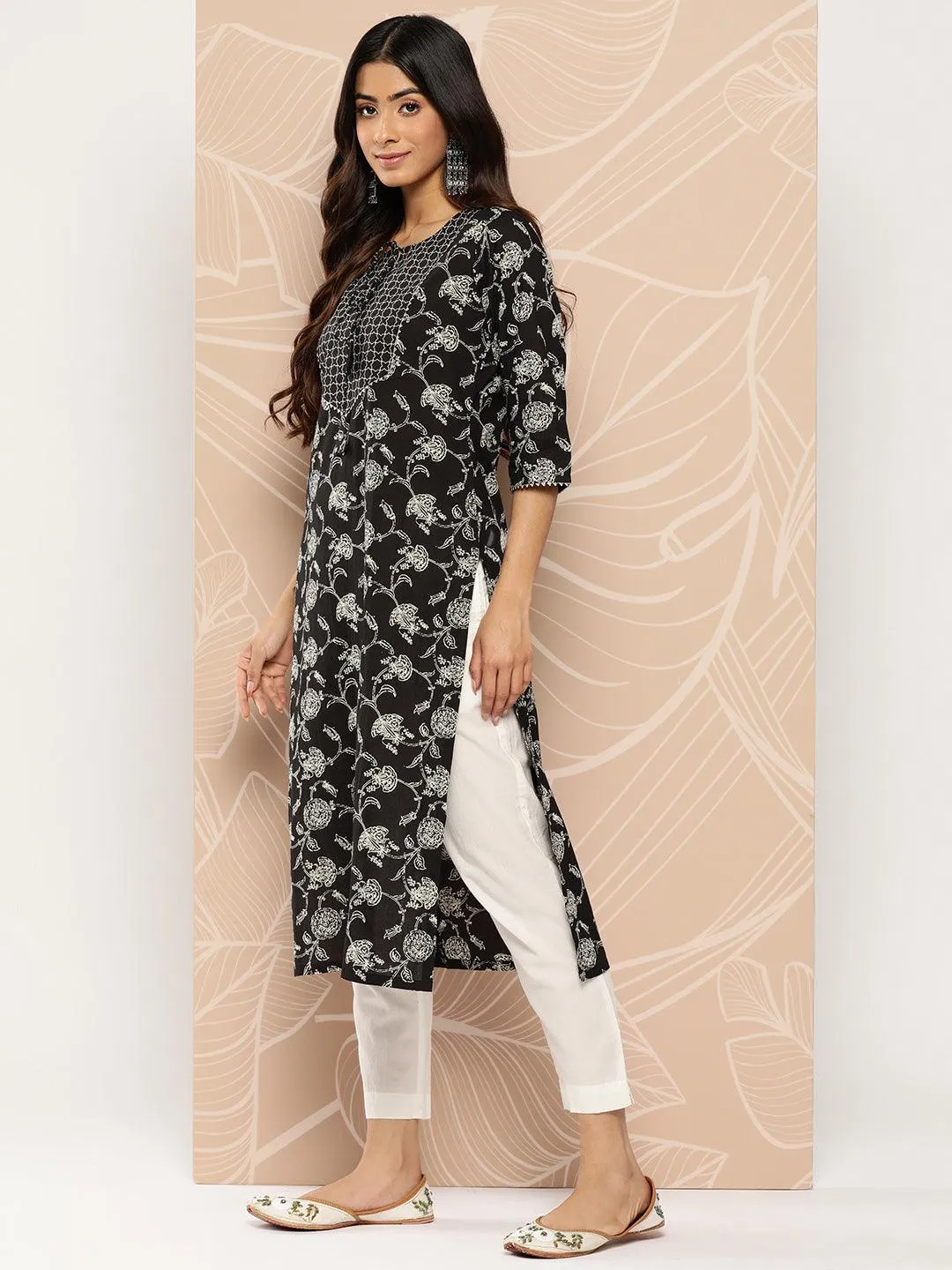 Black Yoke Design Cotton Straight Kurta