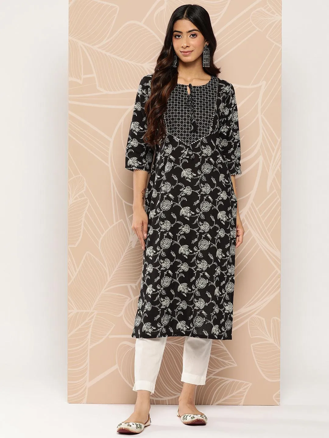 Black Yoke Design Cotton Straight Kurta