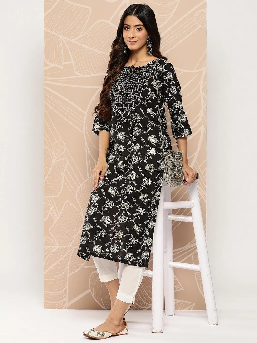 Black Yoke Design Cotton Straight Kurta