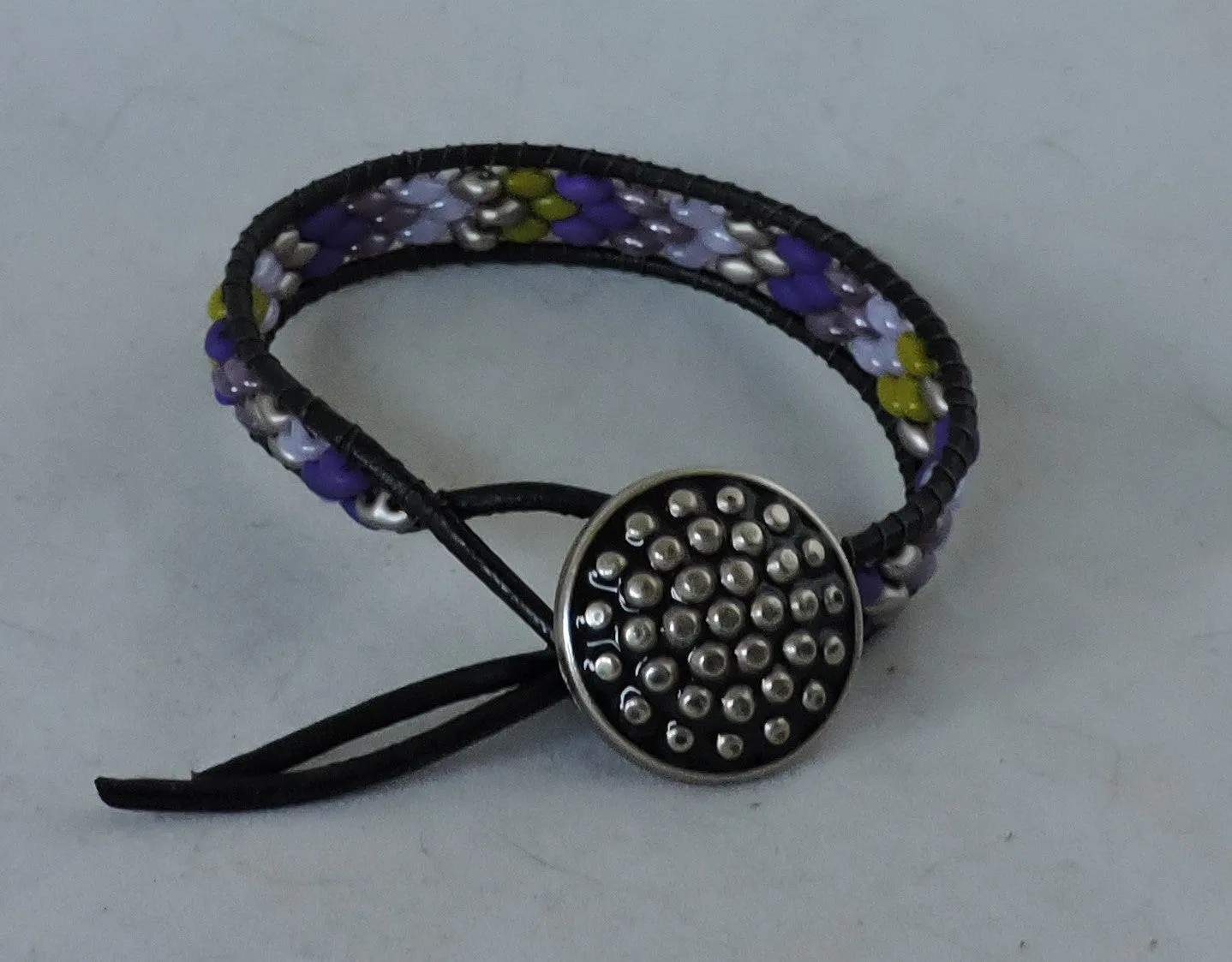 Bracelet, Boho Style of Black Leather and Seed Beads