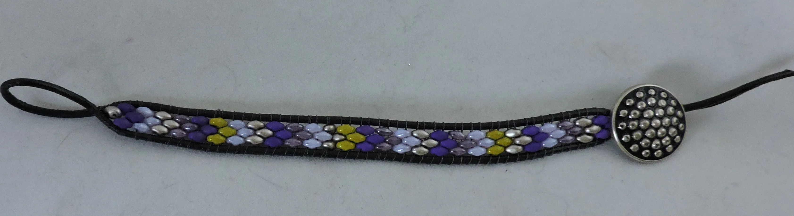 Bracelet, Boho Style of Black Leather and Seed Beads