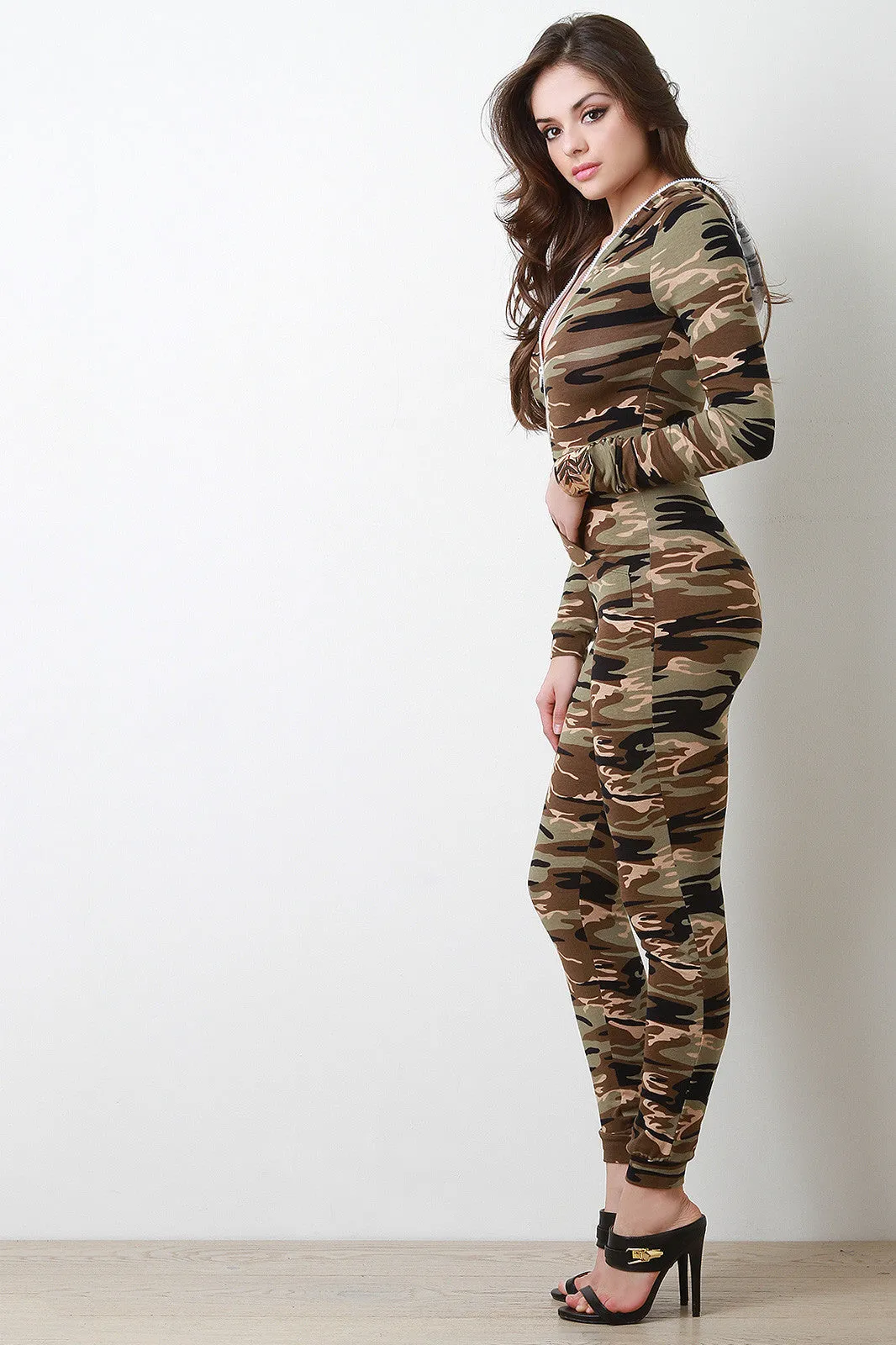 Camoflauge Zip-Up Hooded Long Sleeve Jumpsuit