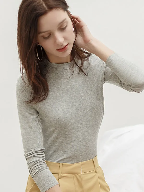 Casual Long Sleeves Skinny Solid Color Stand Collar T-Shirts