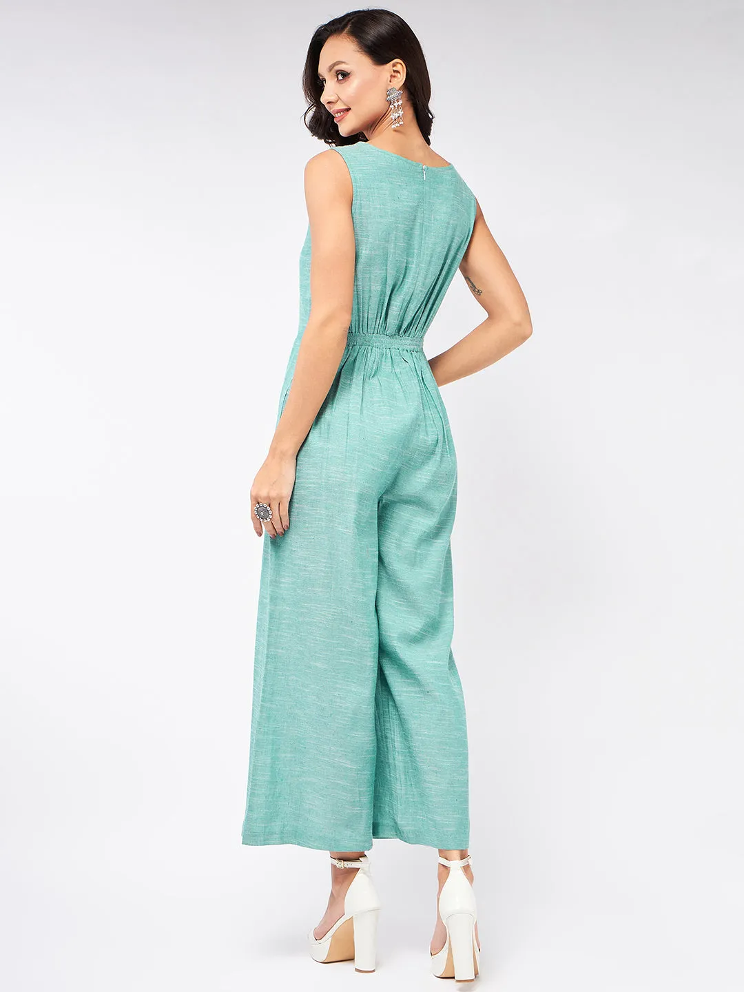 Chambray Front Embroidered Jumpsuit