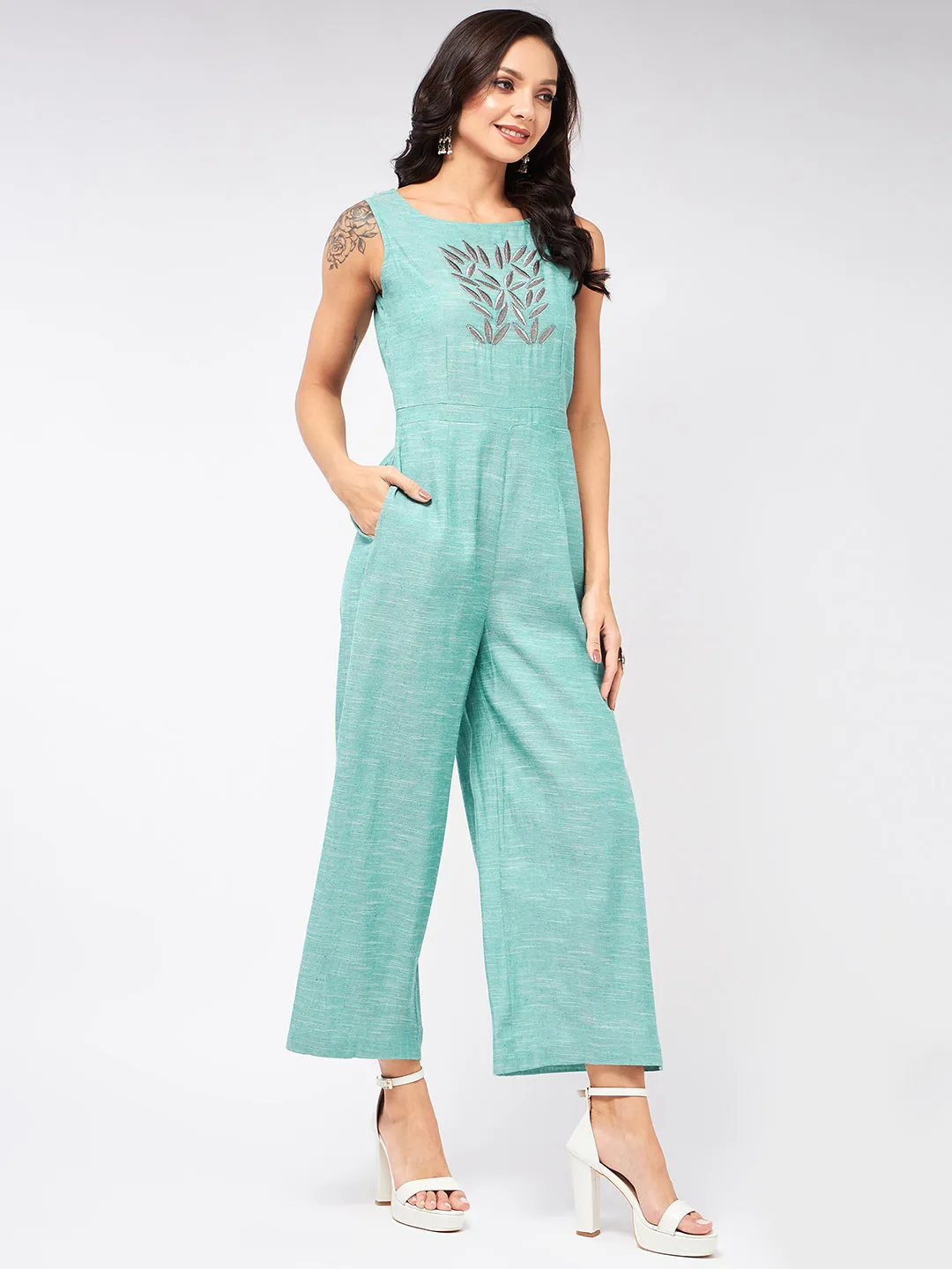 Chambray Front Embroidered Jumpsuit