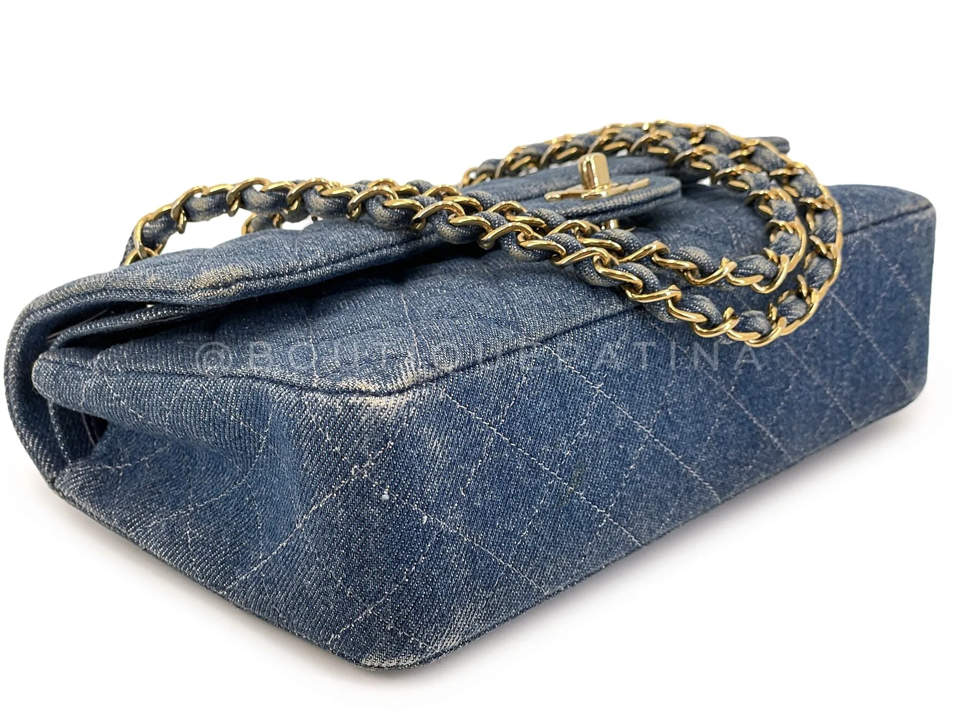 Chanel 1998 Vintage Blue Denim Medium Classic Double Flap Bag 24k GHW 54A