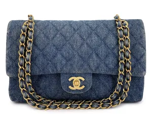 Chanel 1998 Vintage Blue Denim Medium Classic Double Flap Bag 24k GHW 54A