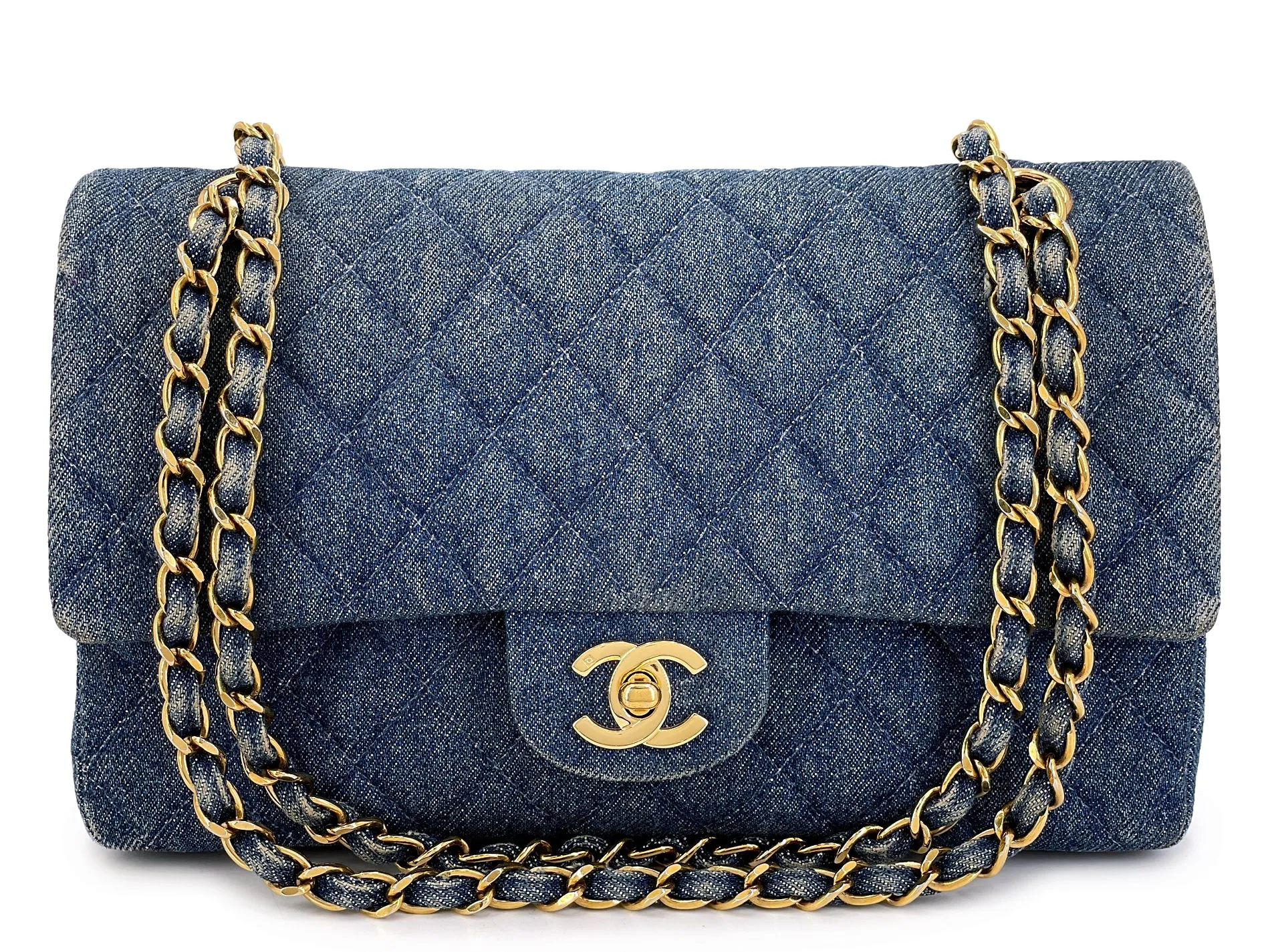 Chanel 1998 Vintage Blue Denim Medium Classic Double Flap Bag 24k GHW 54A