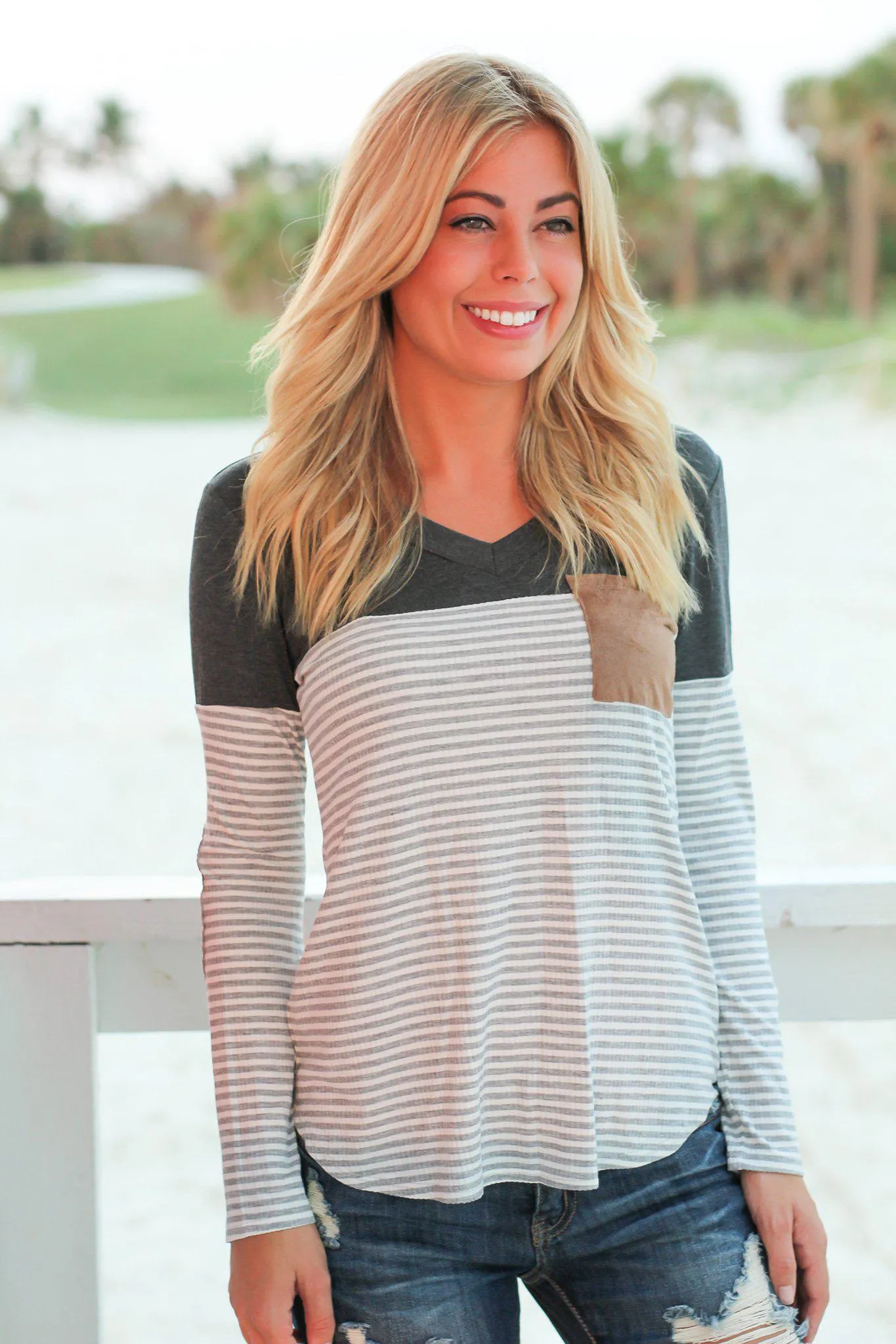 Charcoal Striped Top with Suede Pocket