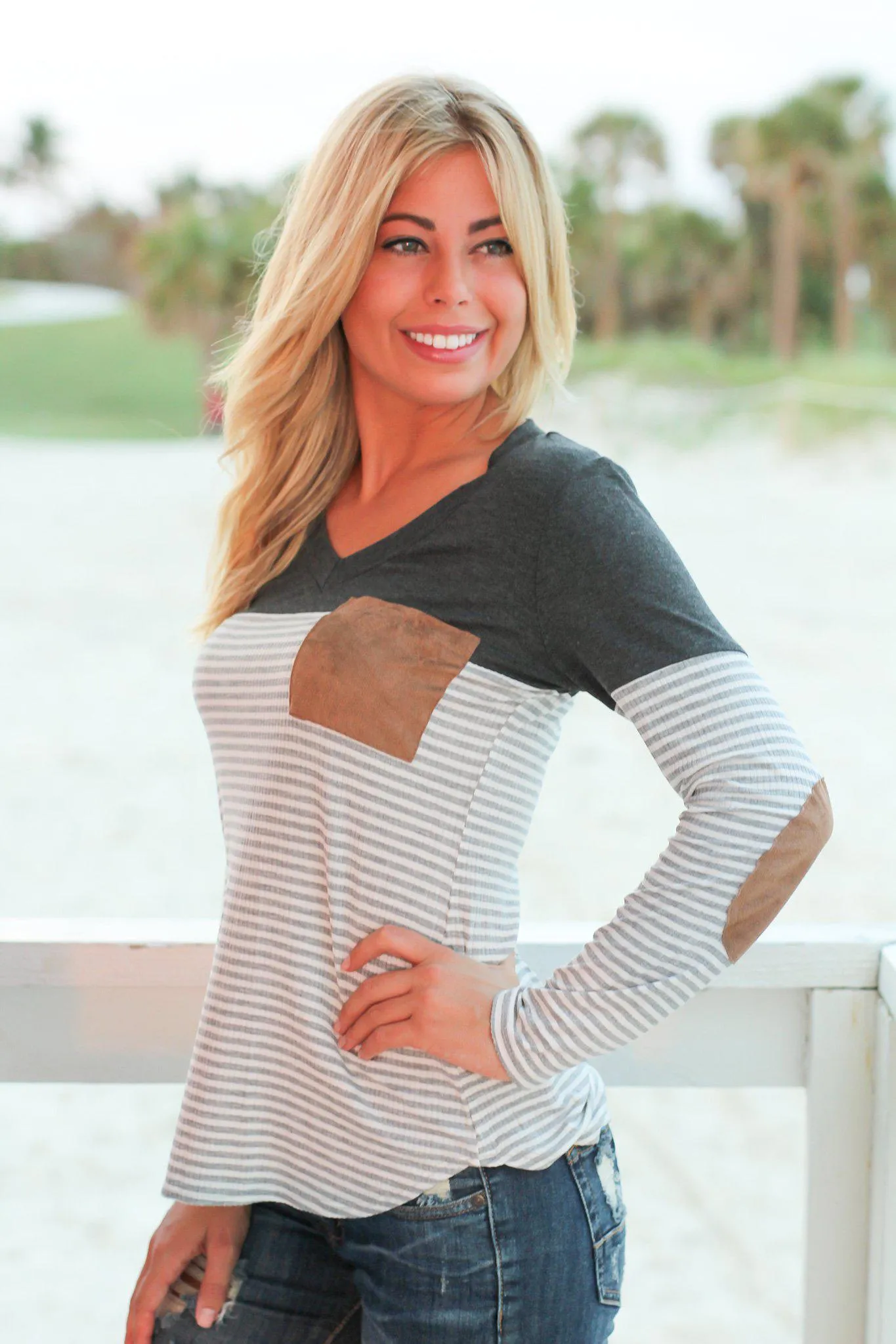 Charcoal Striped Top with Suede Pocket