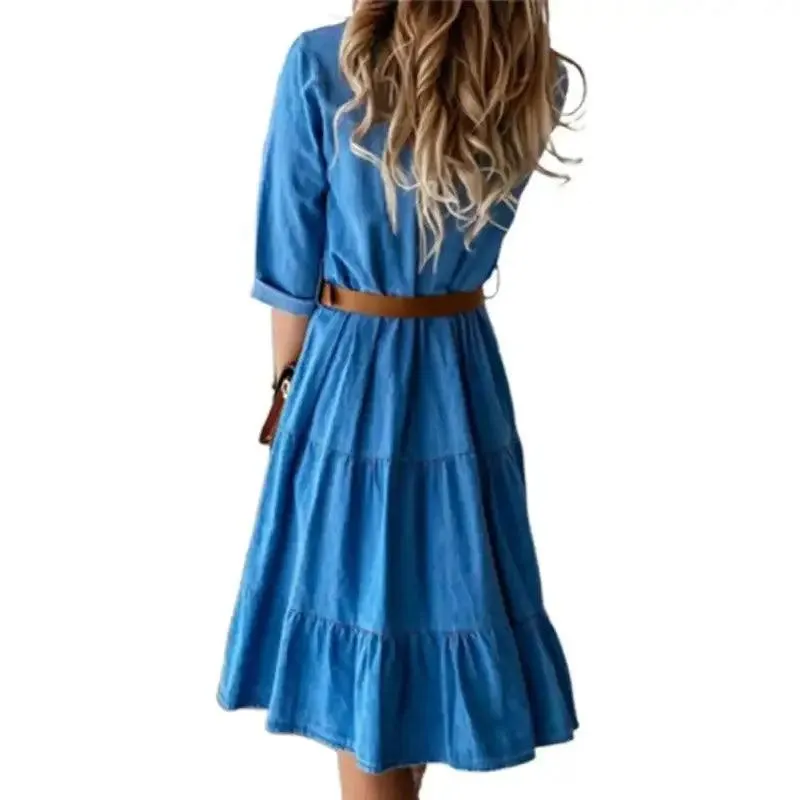 Classic Denim Casual Dress With Belt