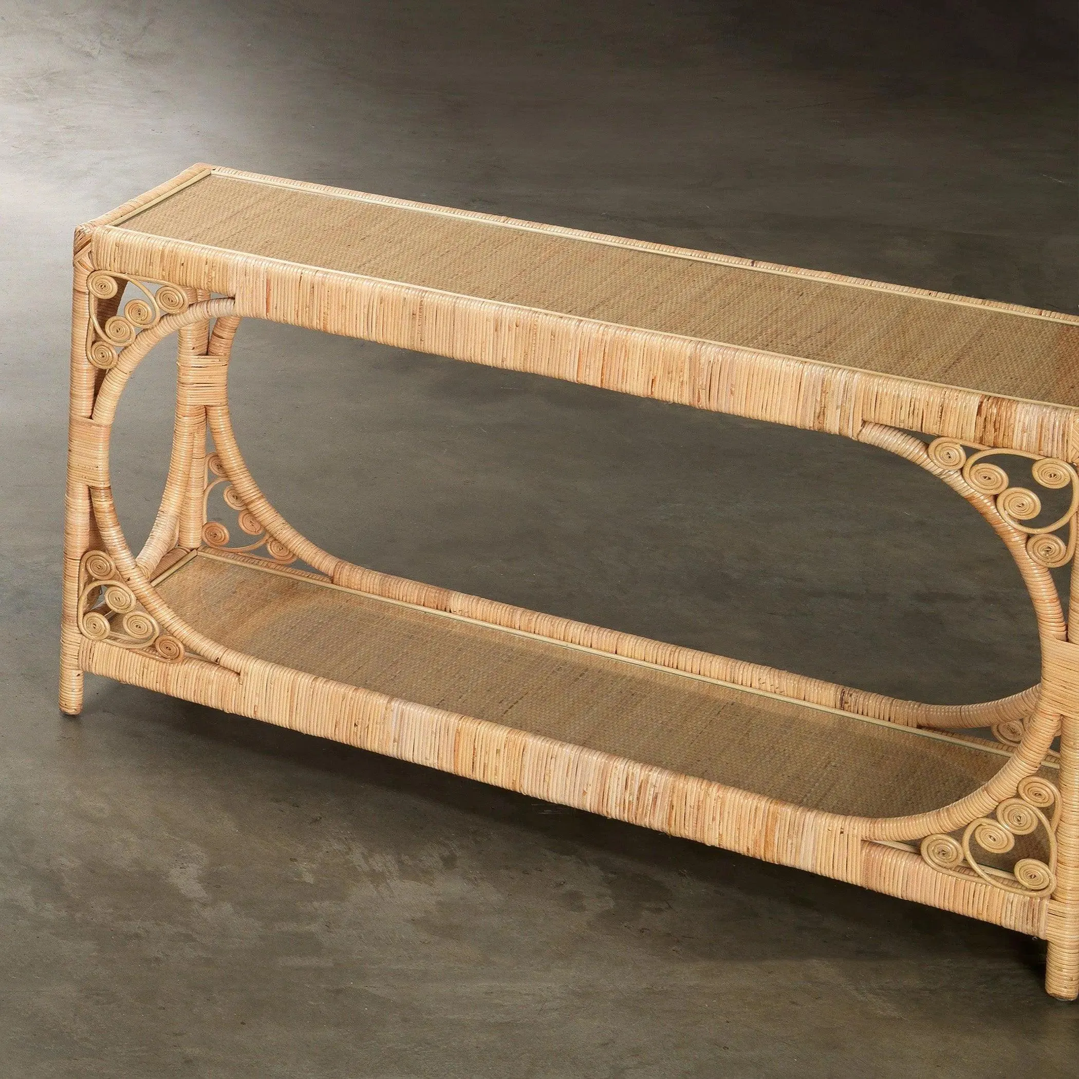 Coastal Style Brown Rattan & Tempered Glass Console Table