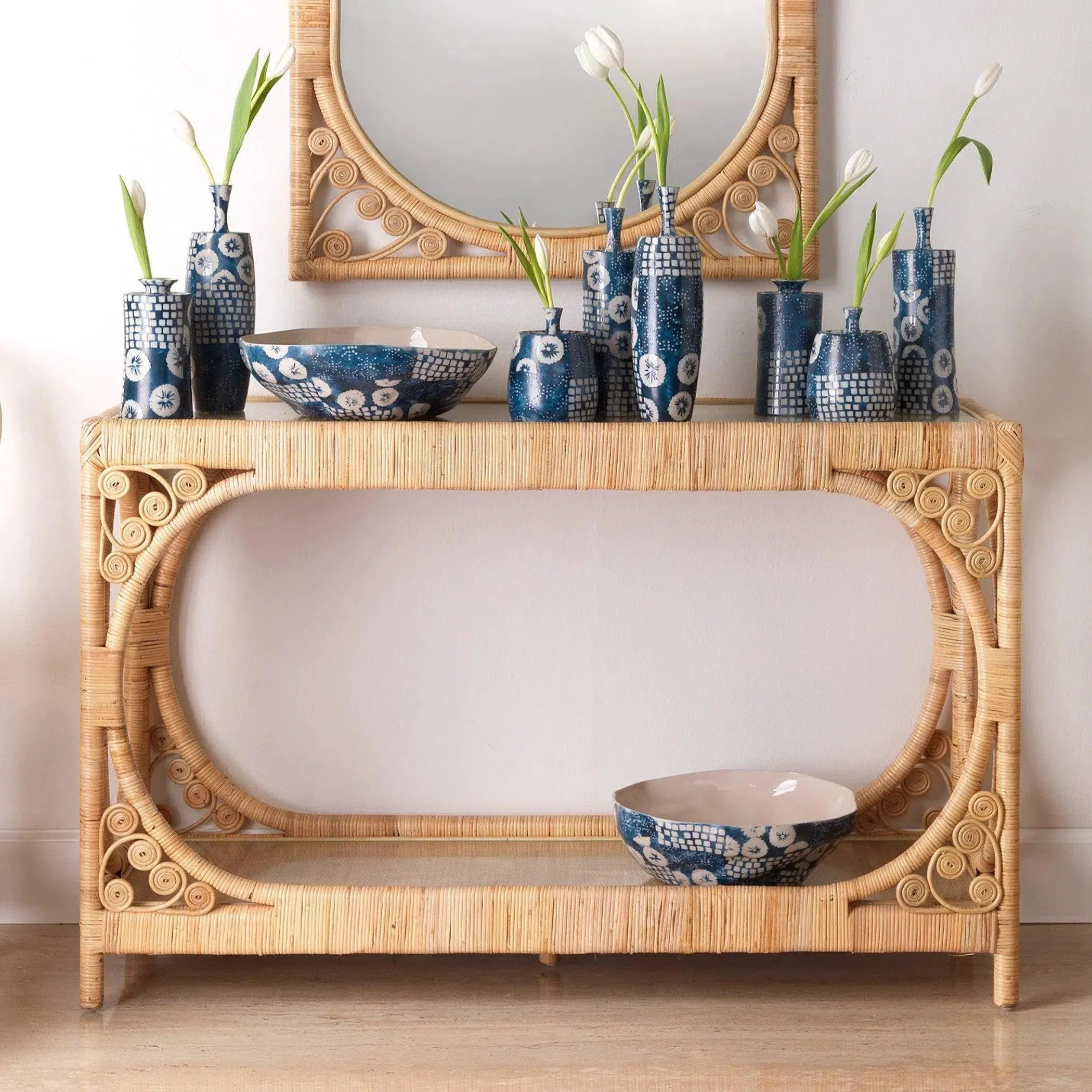 Coastal Style Brown Rattan & Tempered Glass Console Table