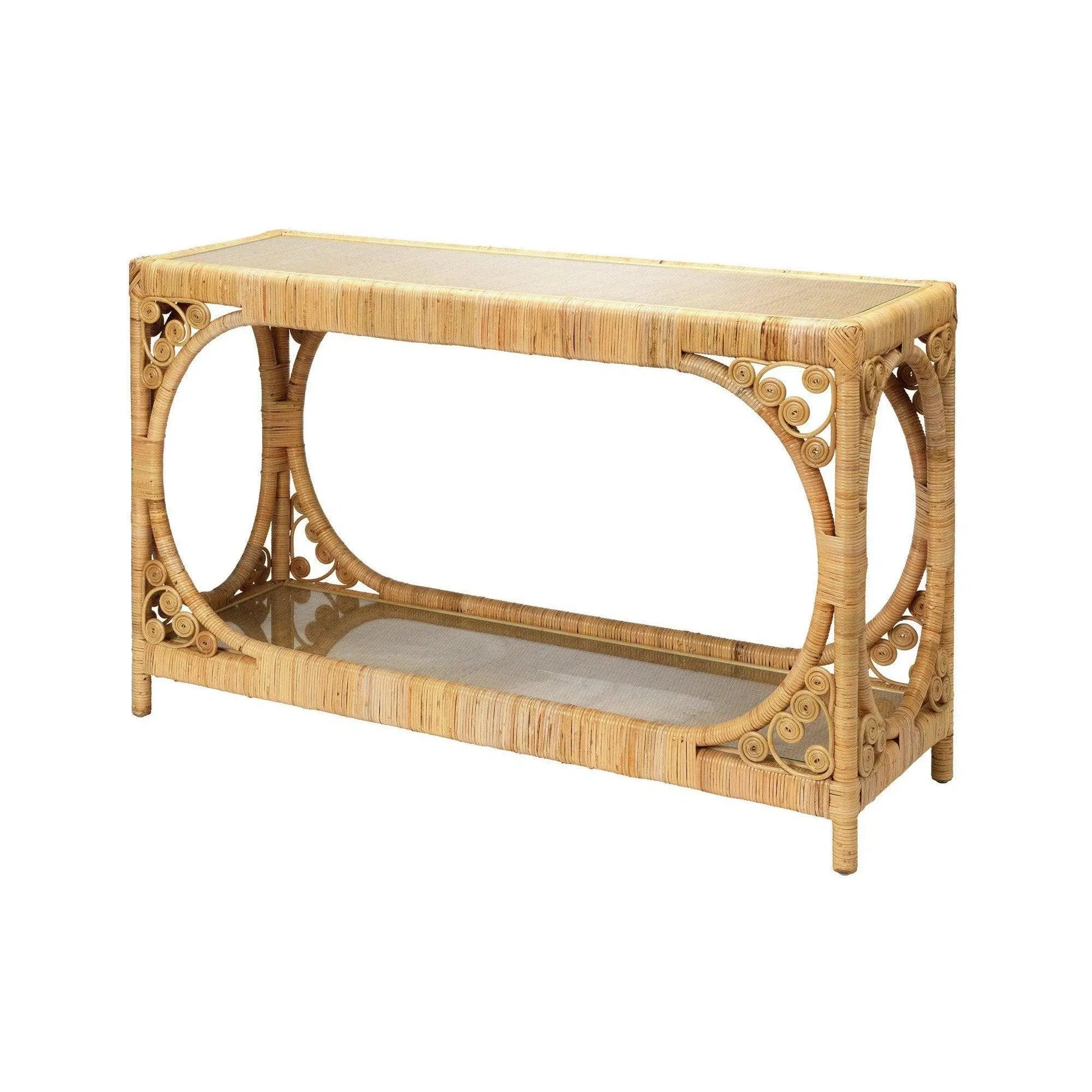 Coastal Style Brown Rattan & Tempered Glass Console Table