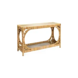 Coastal Style Brown Rattan & Tempered Glass Console Table