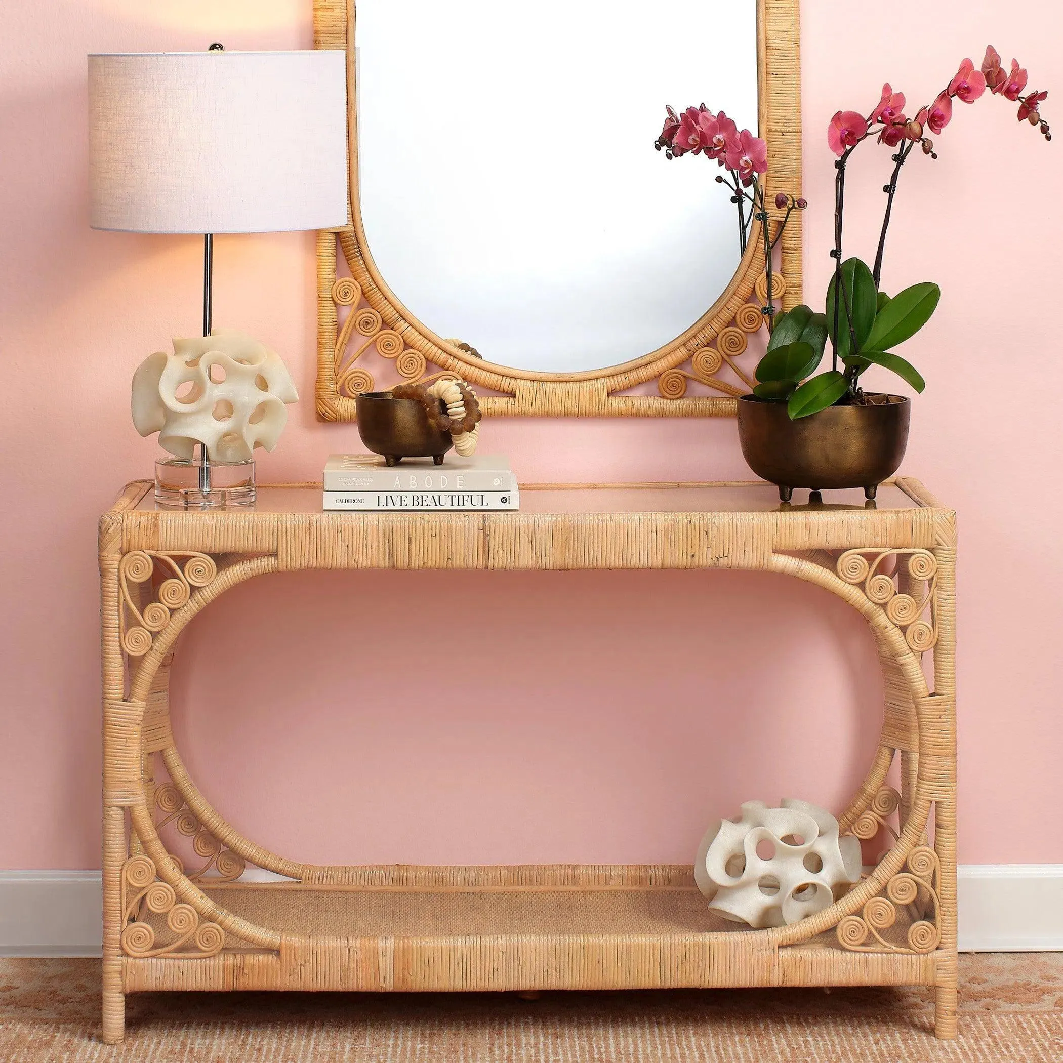 Coastal Style Brown Rattan & Tempered Glass Console Table