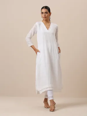 Cotton White Double Hem Embroidered Kurta Pant Set