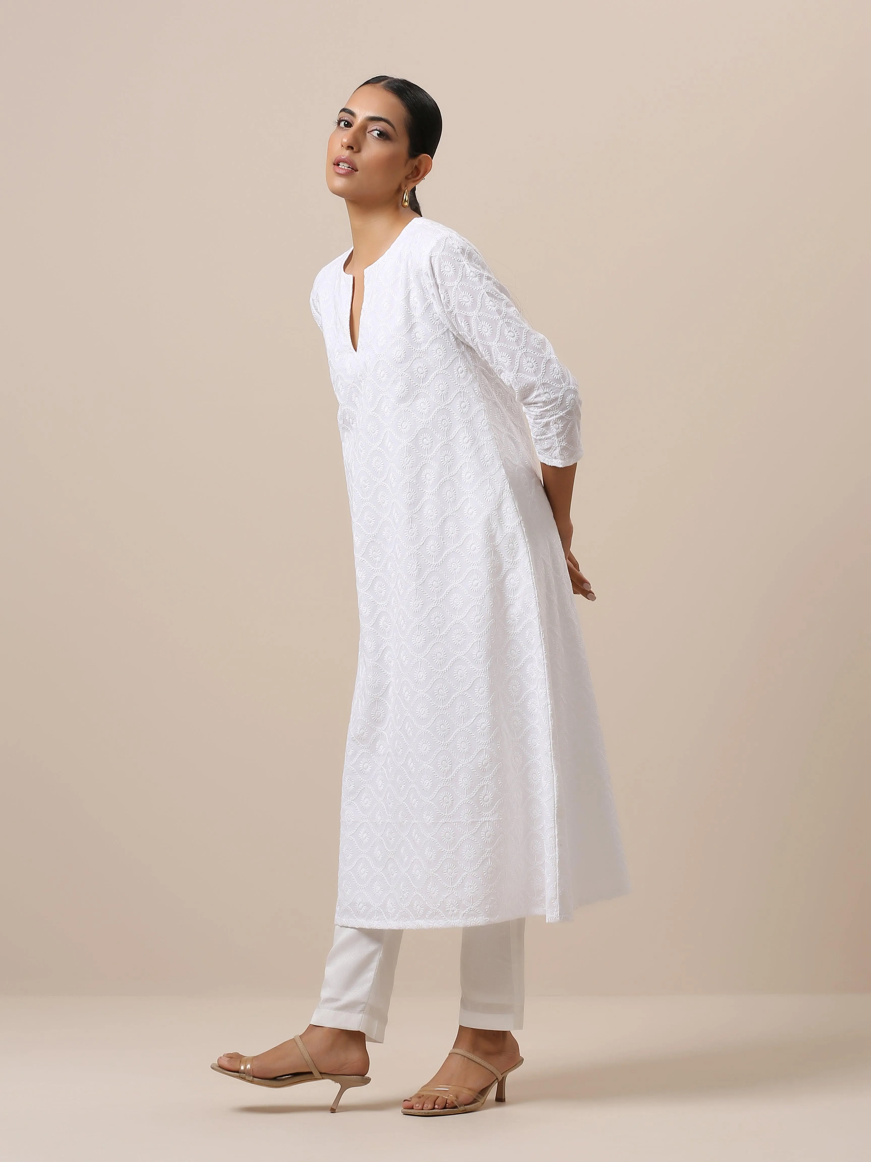 Cotton White Embroidered Flared Kurta Pant Set