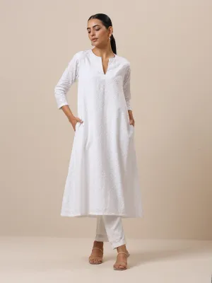 Cotton White Embroidered Flared Kurta Pant Set