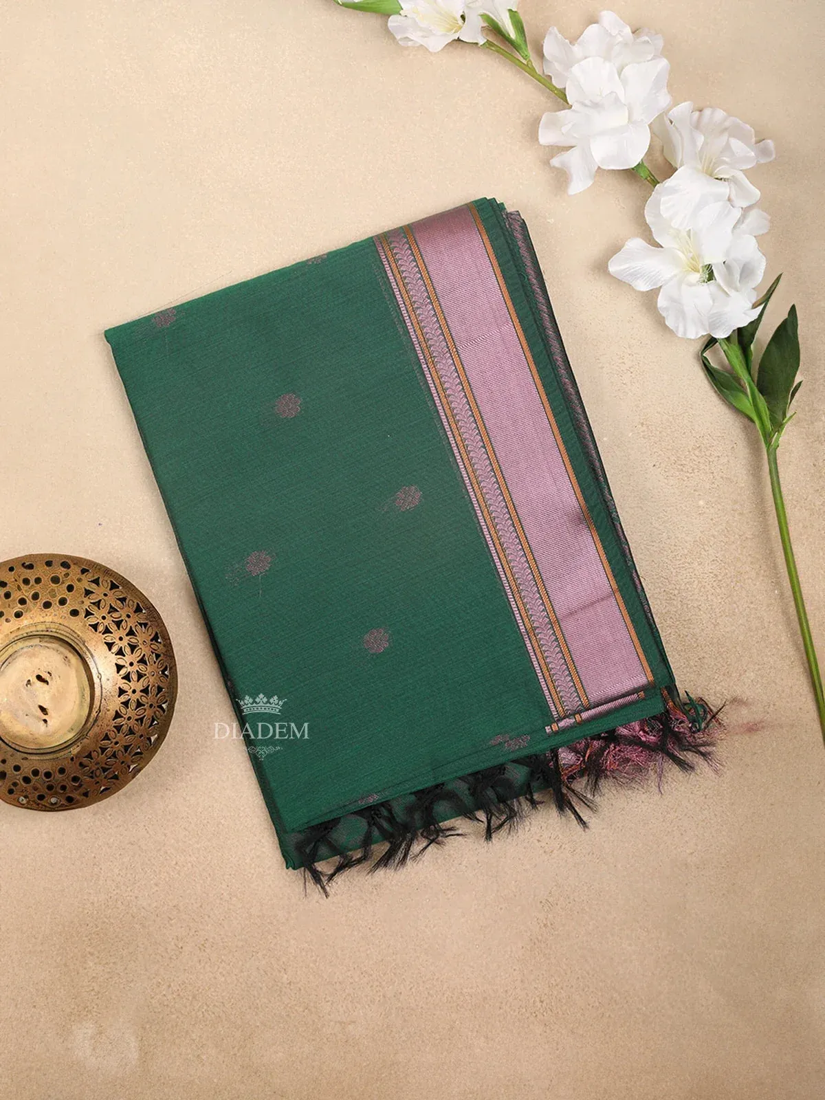 Dark Green Silk Cotton Saree with Flower Motifs on the Body with Contrast Border