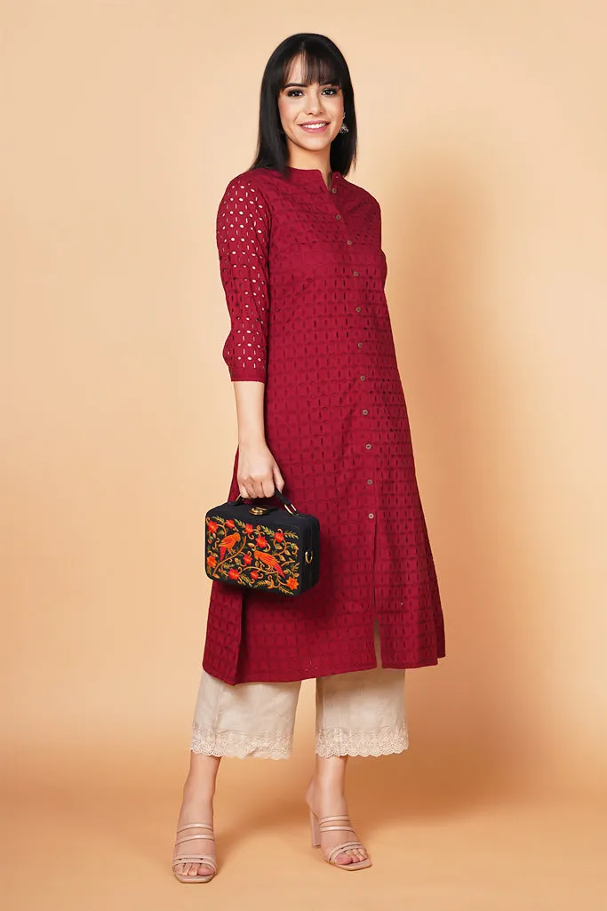 Deep wine Schiffli Design A-Line Solid Kurta