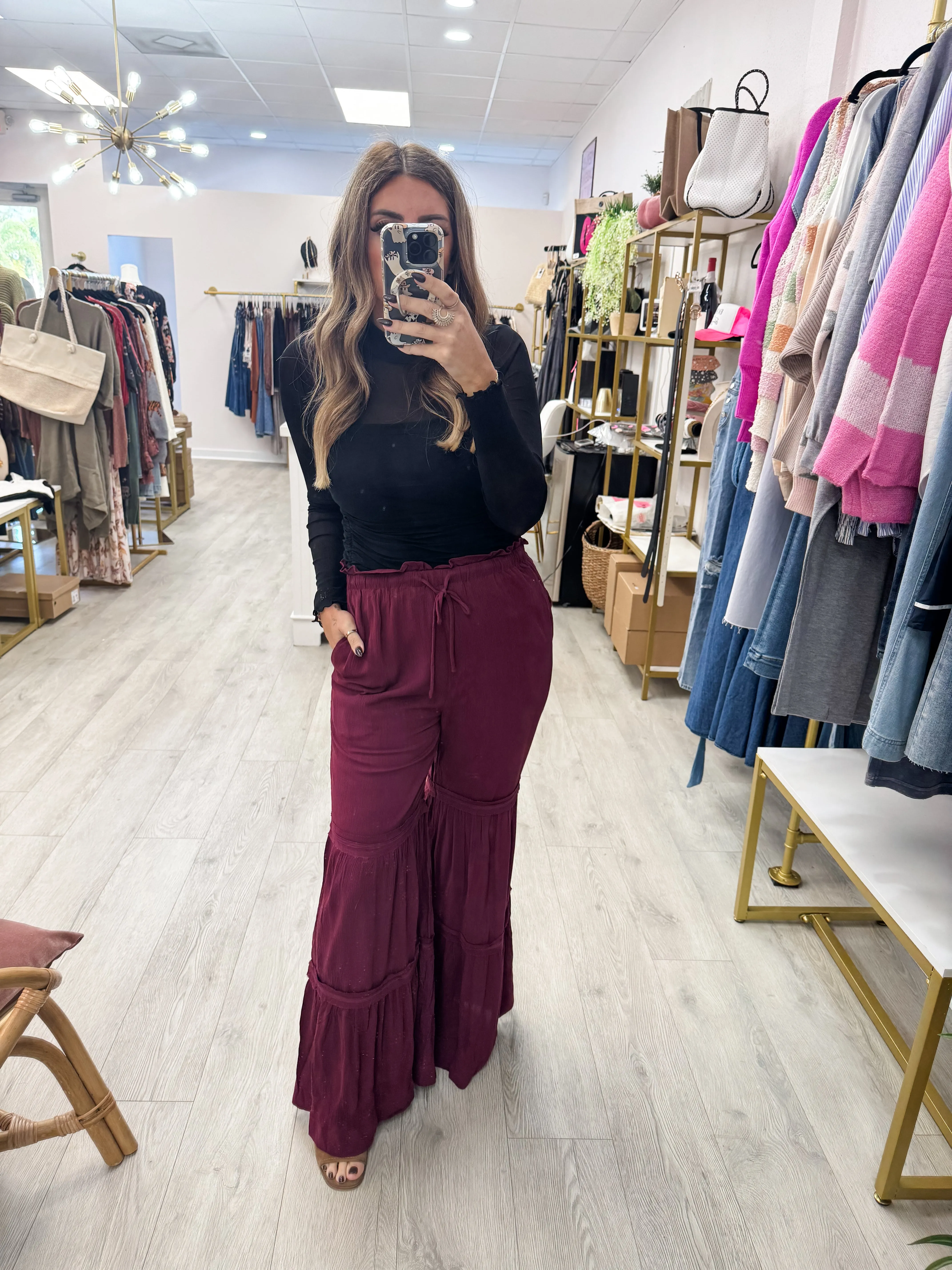 Drawstring Waist Tiered Palazzo Pants