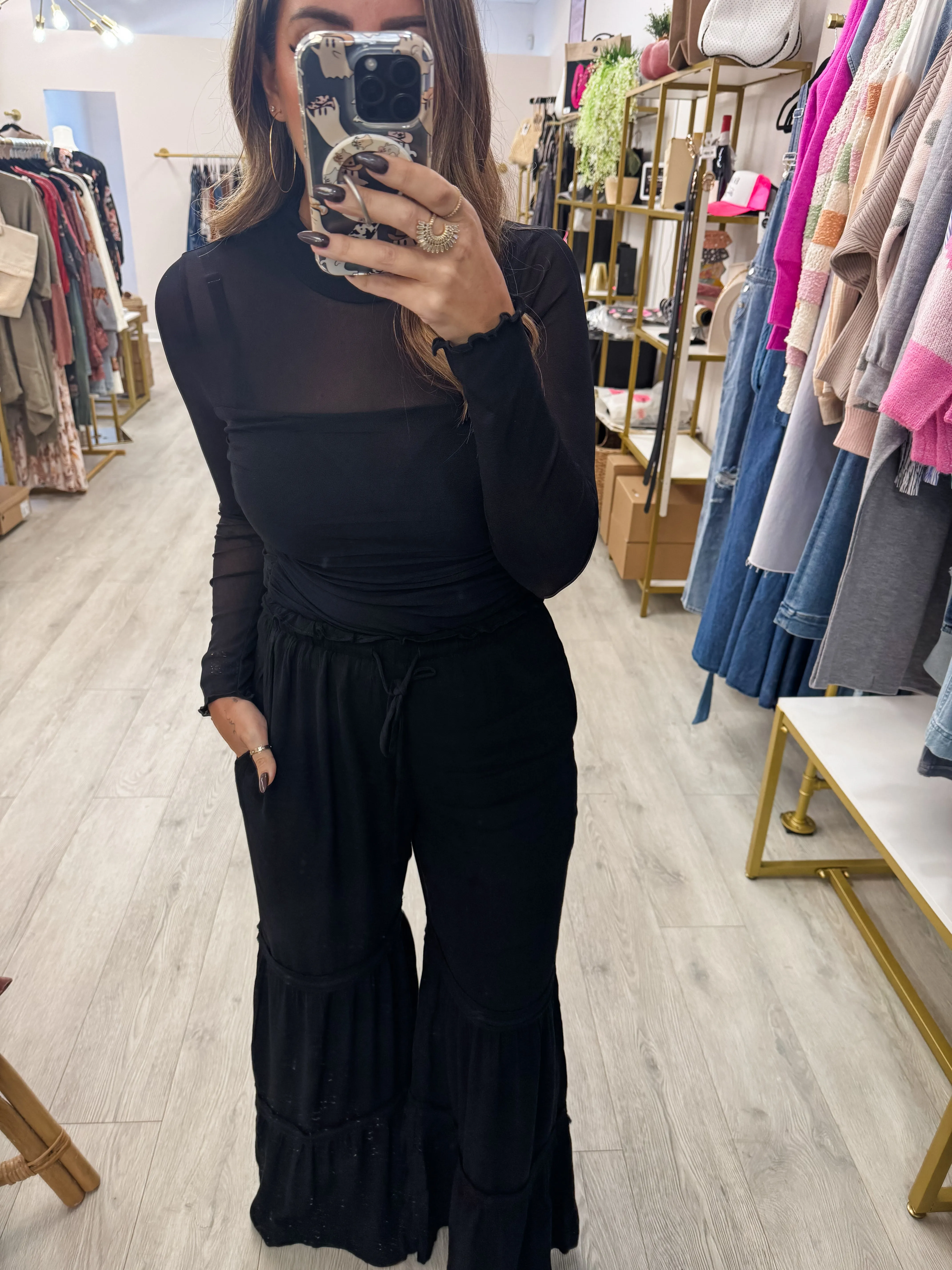 Drawstring Waist Tiered Palazzo Pants