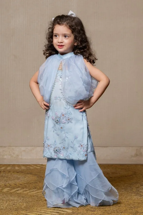 Enchanting pastel blue gown with floral embroidery and a cascading ruffle pants, perfect for making magical memories.