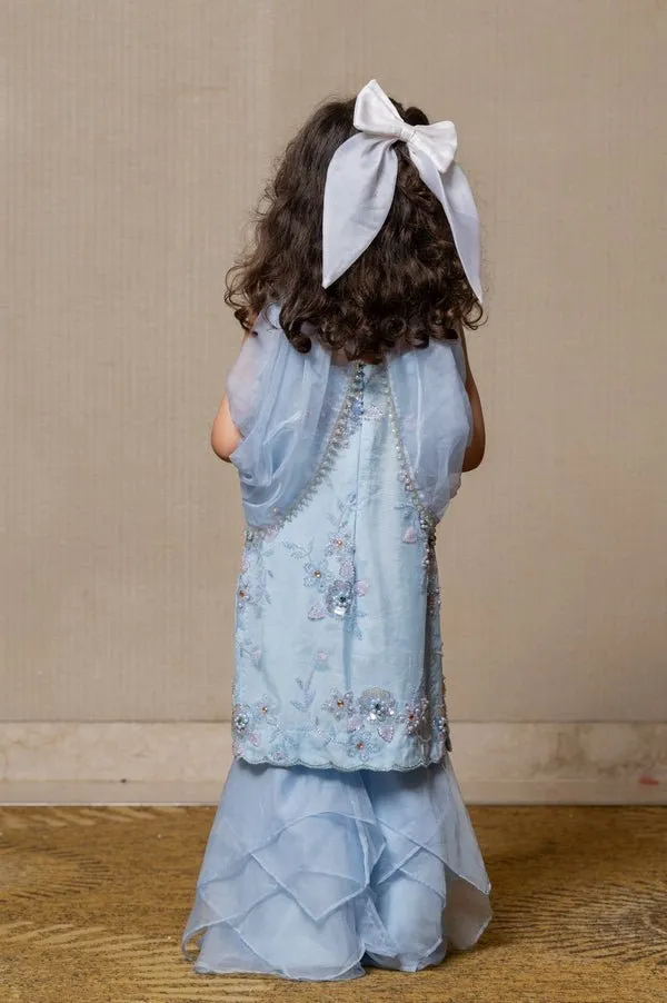 Enchanting pastel blue gown with floral embroidery and a cascading ruffle pants, perfect for making magical memories.