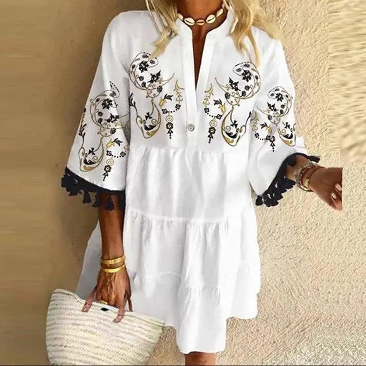 European And American Printed V-neck Short Dress