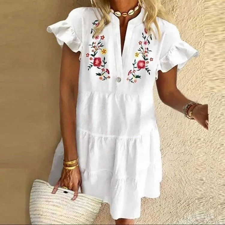 European And American Printed V-neck Short Dress