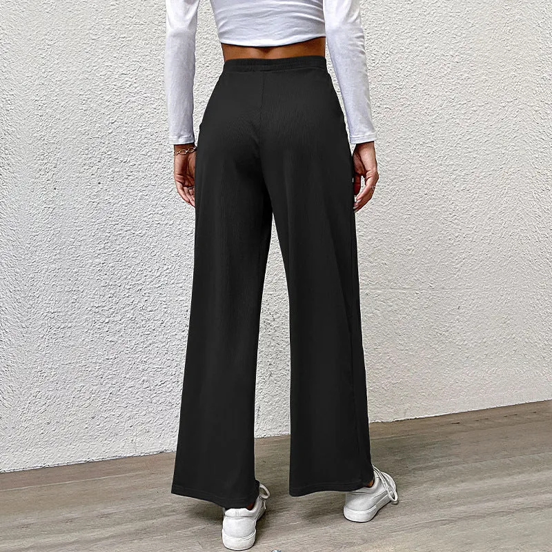 Fall Women Clothing Solid Color Rib Fabric Casual Wide Leg Pants