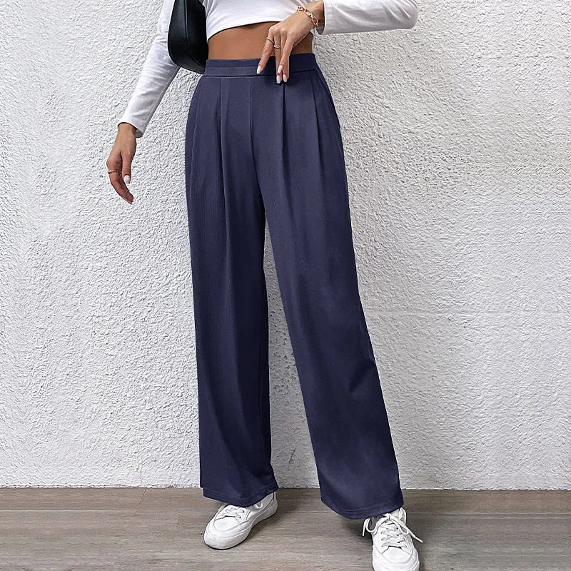 Fall Women Clothing Solid Color Rib Fabric Casual Wide Leg Pants