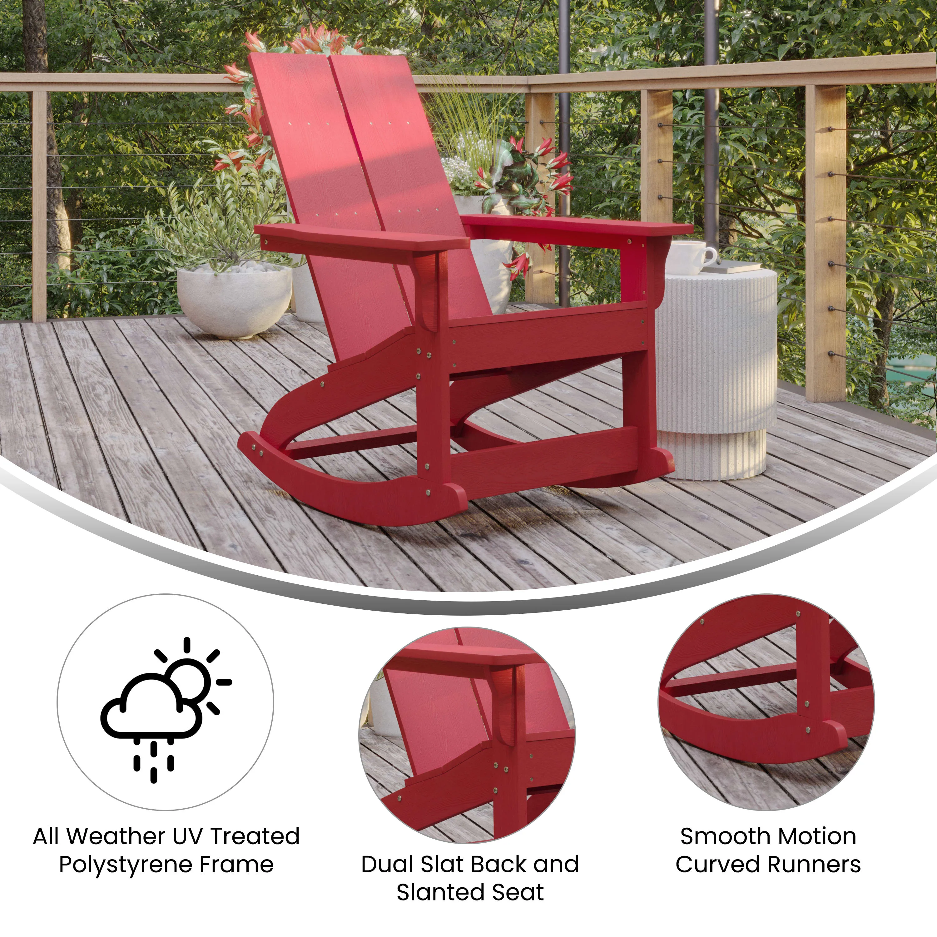 Finn Modern Commercial Grade All-Weather 2-Slat Poly Resin Wood Rocking Adirondack Chair with Rust Resistant Stainless Steel Hardware