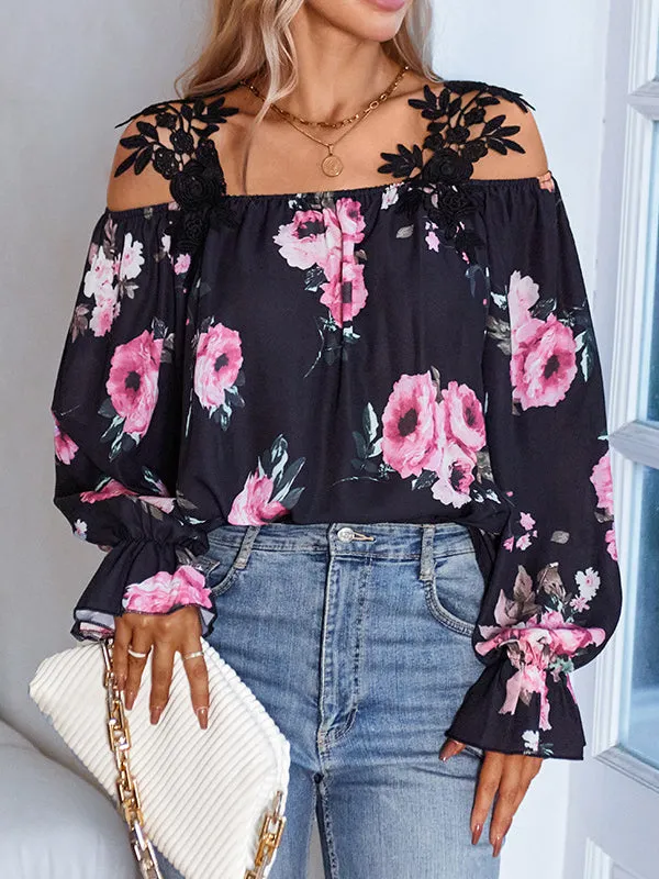 Flared Sleeves Loose Elastics Floral Printed Hollow Cold Shoulder Blouses