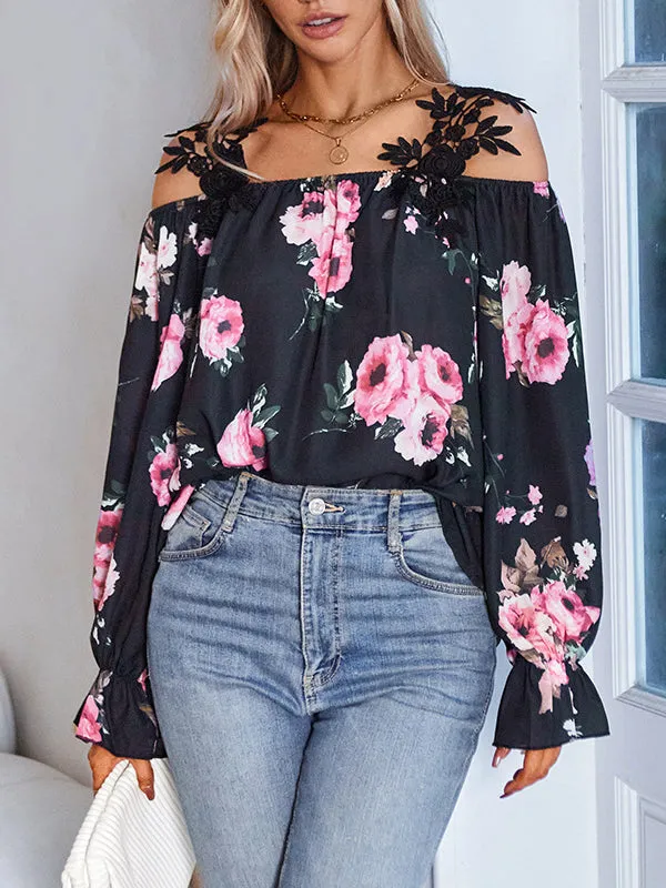 Flared Sleeves Loose Elastics Floral Printed Hollow Cold Shoulder Blouses