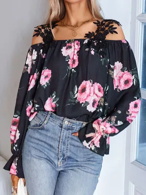 Flared Sleeves Loose Elastics Floral Printed Hollow Cold Shoulder Blouses