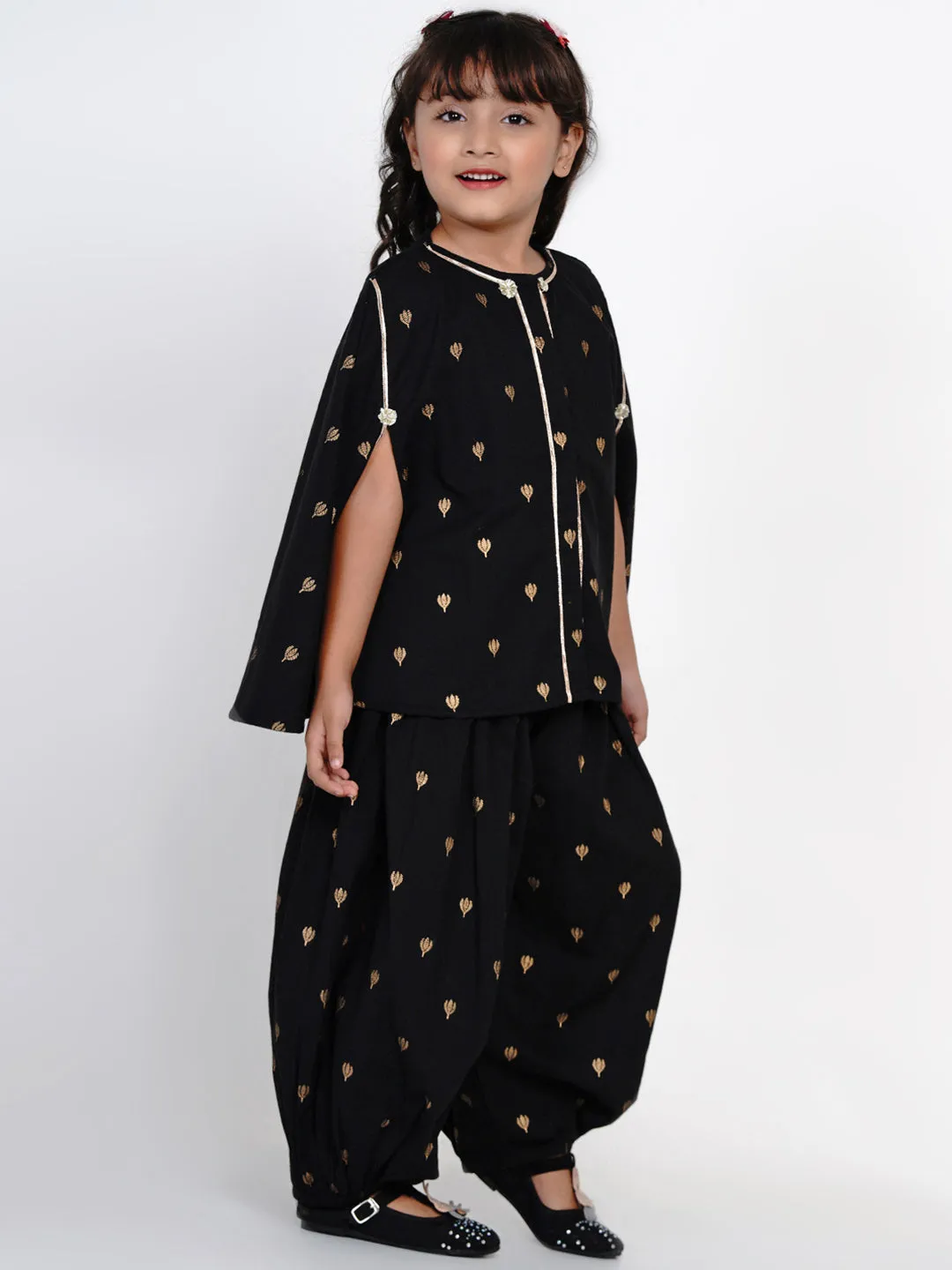 Girl's Black & Gold-Toned Self Design Tunic With Dhoti Pants - Bitiya By Bhama