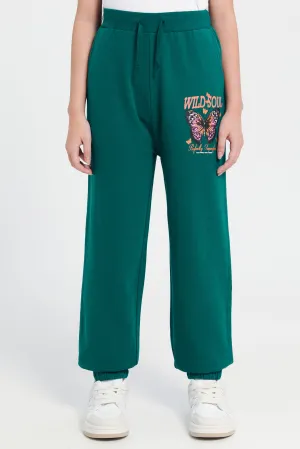 Girls Green Printed Track Pants