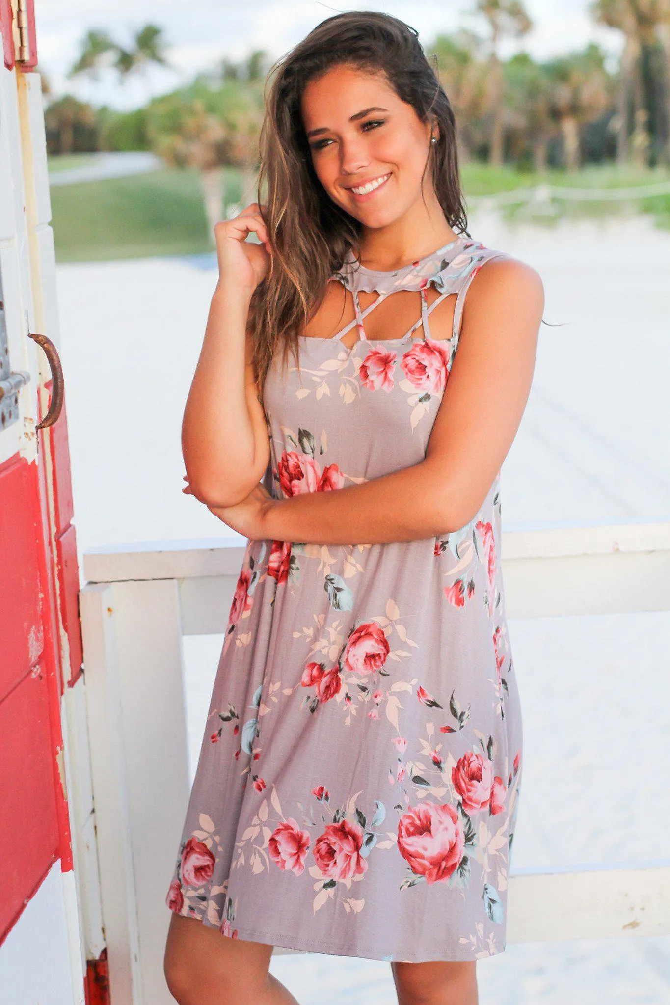 Gray Floral Sleeveless Cut Out Short Dress