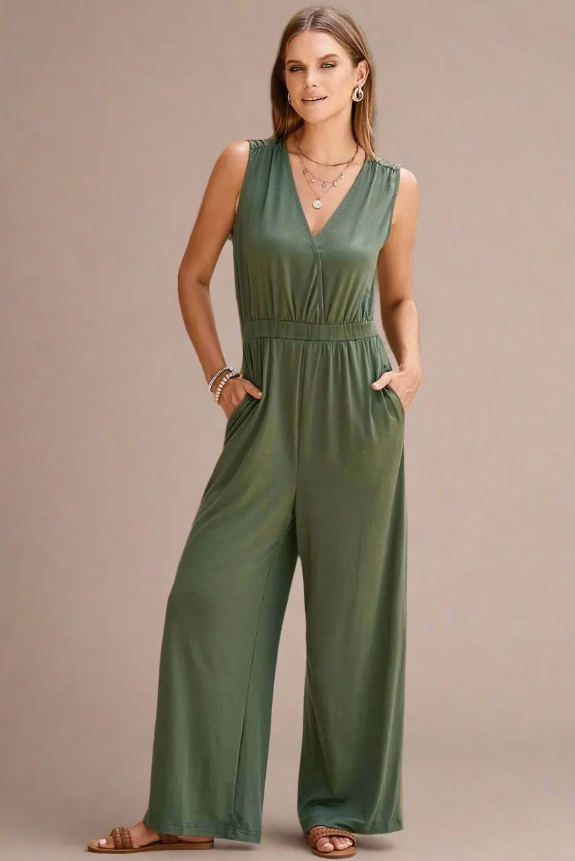 Green Jumpsuit with Plunging Neck and Spaghetti Sleeve Wide Leg Pants