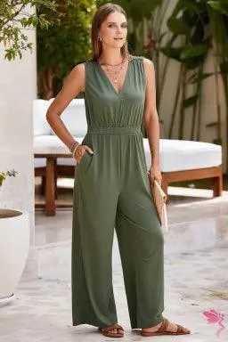 Green Jumpsuit with Plunging Neck and Spaghetti Sleeve Wide Leg Pants