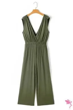 Green Jumpsuit with Plunging Neck and Spaghetti Sleeve Wide Leg Pants