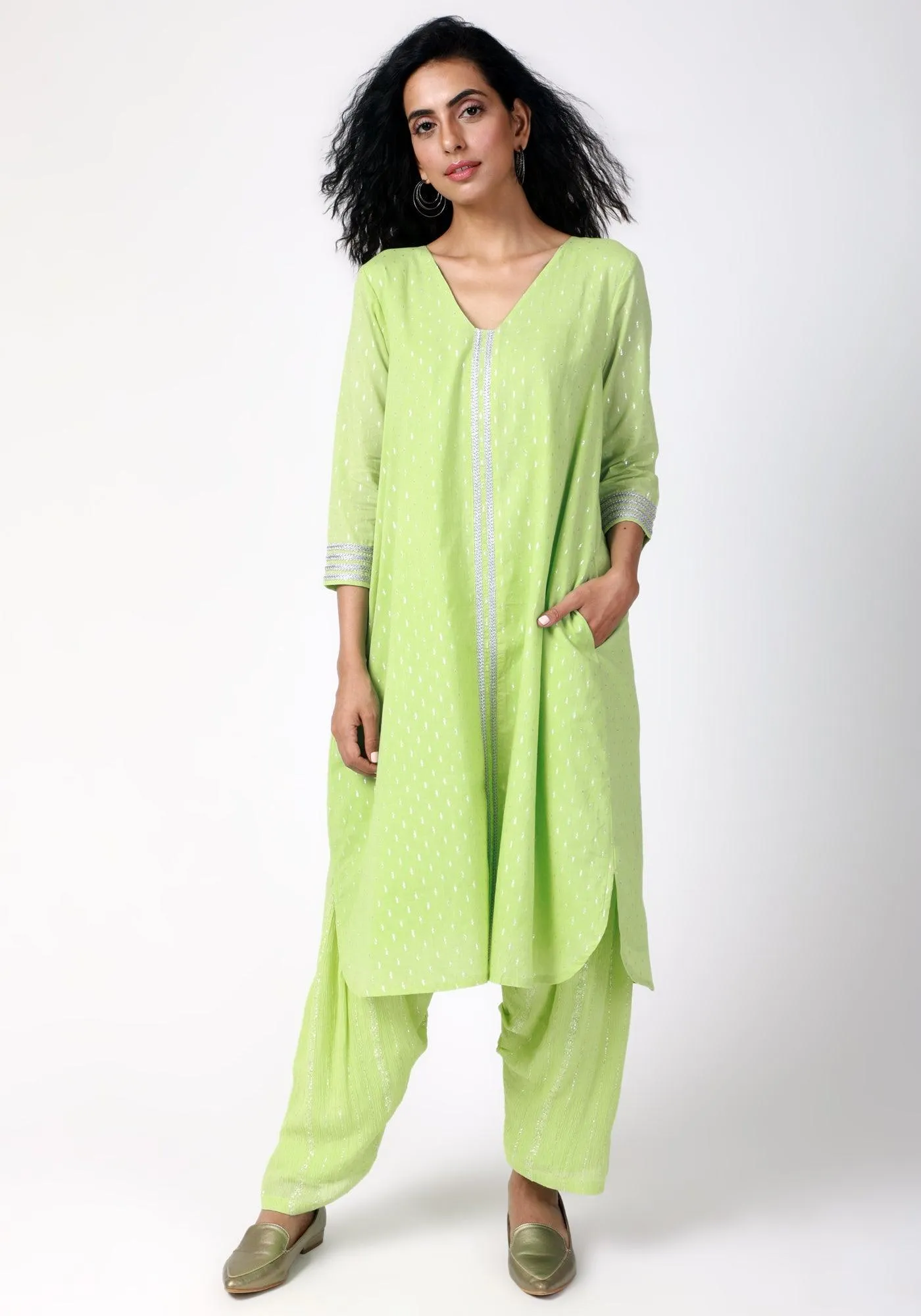 Green Silver Laced Kurta- Ruffled Pant