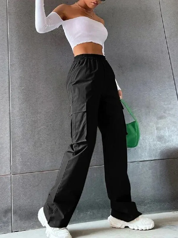 High Waisted Loose Elasticity Pockets Split-Joint Pants Trousers