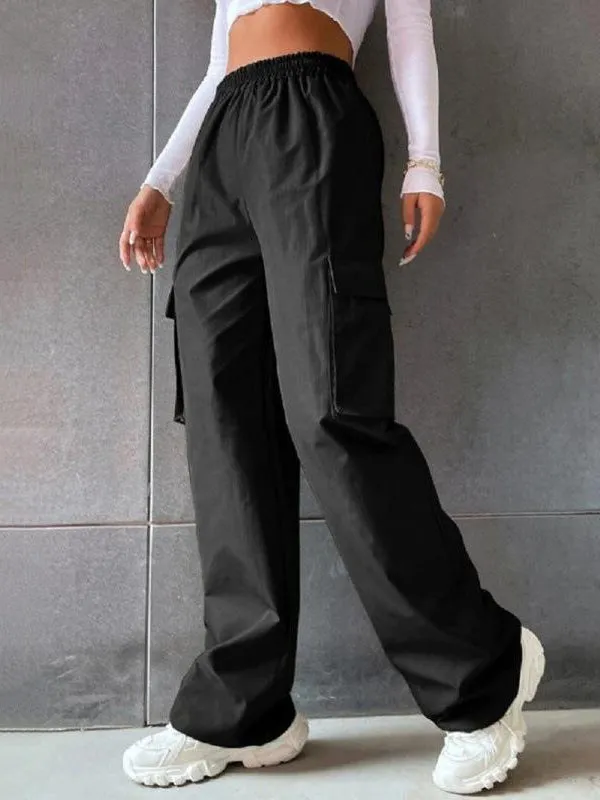 High Waisted Loose Elasticity Pockets Split-Joint Pants Trousers